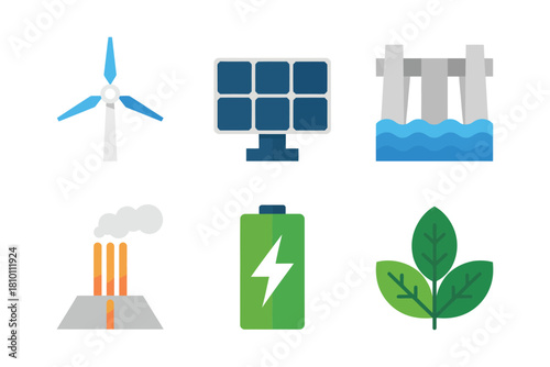 Energy sources icons, wind turbine, solar panel, hydroelectric dam, smokestack pollution, rechargeable battery, green leaf, set