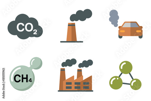 Greenhouse emissions icons, carbon dioxide cloud, vehicle exhaust, power plant smoke, methane label, industry stacks, pollution