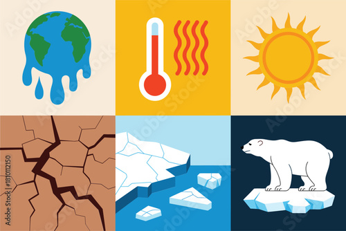 Environmental crisis grid, melting earth, heat wave thermometer, bright sun, parched soil, polar bear on ice, climate vector