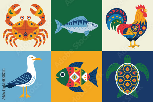 Ocean and wildlife tiles, cheerful crab, blue fish, colorful rooster, seagull standing, patterned fish, decorative turtle vector