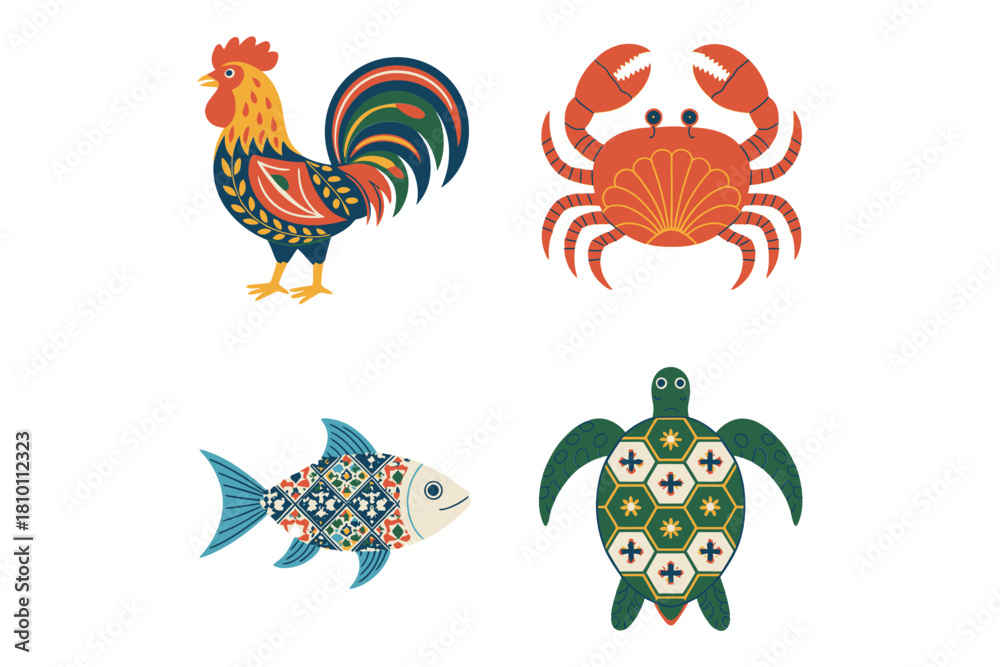Obraz premium Coastal wildlife collection, crowing rooster, lively crab, glimmering fish, decorative turtle, calm seabird, festive illustrative vector
