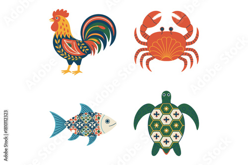 Coastal wildlife collection, crowing rooster, lively crab, glimmering fish, decorative turtle, calm seabird, festive illustrative vector