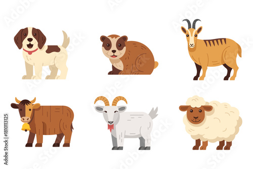Farm and pasture animals pack, friendly puppies, dairy cow, mountain goat, woolly sheep, cute rustic illustration vector