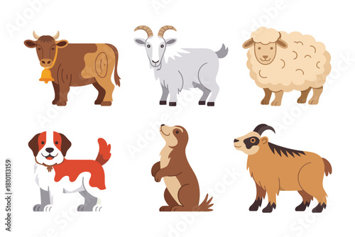 Barnyard lineup illustration, sturdy bull, nimble goats, fluffy sheep, playful puppy, curious piglet, cute farm vector