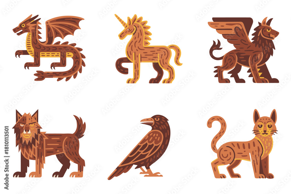 Obraz premium Mythical beasts icons set, winged dragon, proud unicorn, fierce griffin, shaggy lion, wise owl, fantasy vector