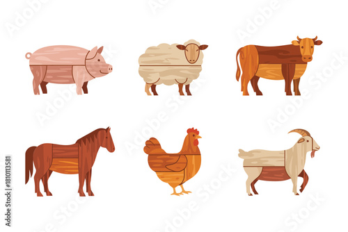 Country barnyard animals, pink pig, wooly sheep, sturdy horse, brown chicken, nimble goat, friendly rustic illustration vector