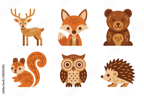 Woodland animals folk art set, cute bear fox squirrel owl hedgehog, rustic palette, nursery decor vector