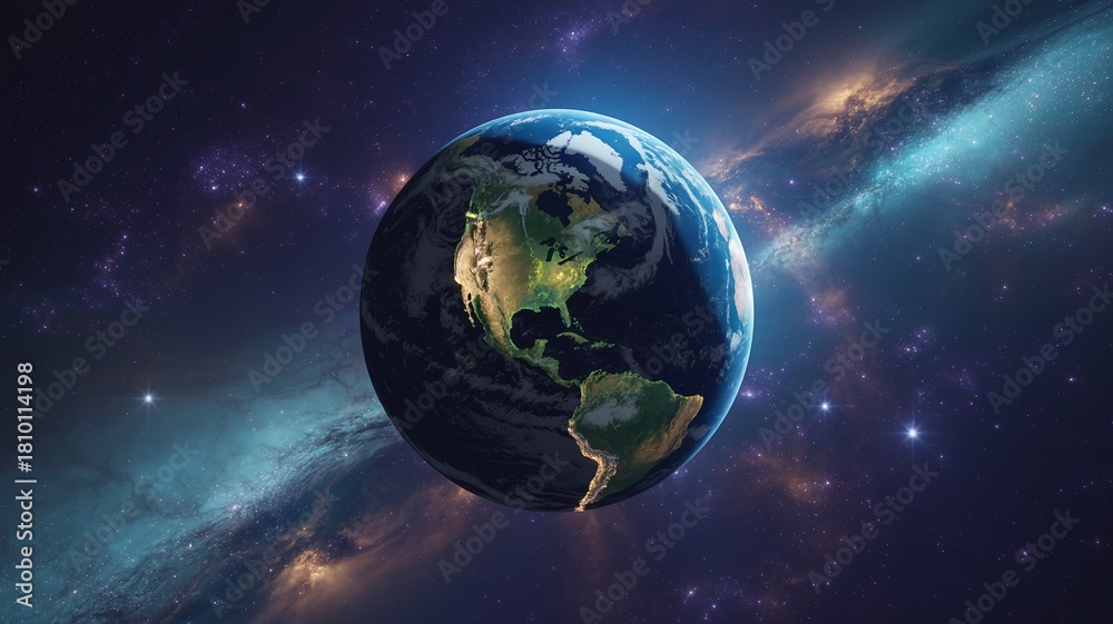 Obraz premium Detailed View of Planet Earth Floating in Deep Space Against a Colorful Cosmic Nebula Background, Highlighting North and South America