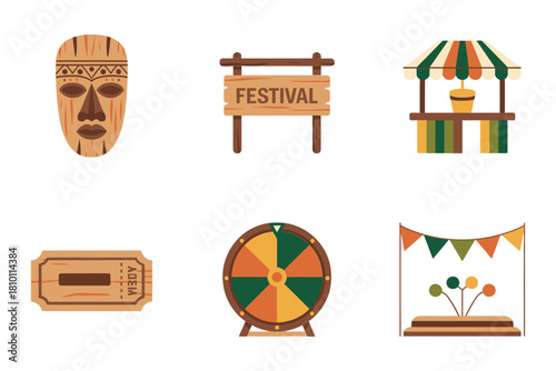 Folk festival icons set, carved mask, wooden festival sign, striped stall, entry ticket, spinning wheel, banner vector