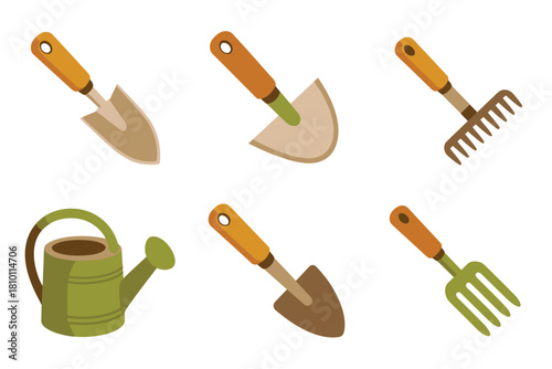 Hand shovel set, round spade, pointed digger, rake and fork, sturdy watering can, yard work illustration, vector