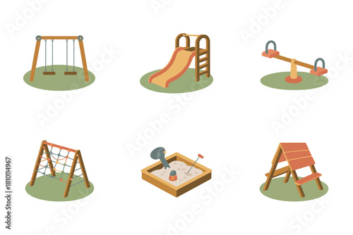 Minimal playground set, circular grass pads, swing frame, short slide, seesaw, climbing net, sandbox, outdoor fun vector