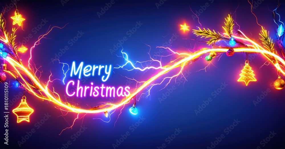 Fototapeta premium Bright neon lights form festive Christmas decorations. Text reads Merry Christmas amidst glowing branches, stars, ornaments. Vivid blue background enhances luminosity.