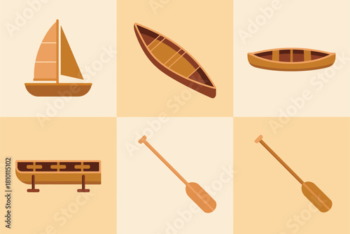 Vintage river craft collection, sailboat silhouette, carved canoe, long wooden oars, riverside bench, warm retro panels vector