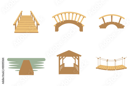 Park bridge collection, stair approach, curved arch span, rounded arcade, gazebo shelter, rope footbridge, timber pier ramp vector