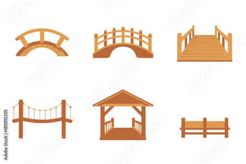Park structures icons, curved bridge, multi arch span, grand stair bridge, rope walkway, garden gazebo, rustic fence vector