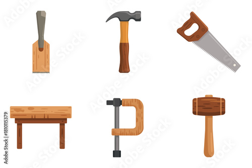 Woodworking equipment icons, bench chisel, claw hammer, saw blade, work table, c clamp, striking mallet, craft studio vector