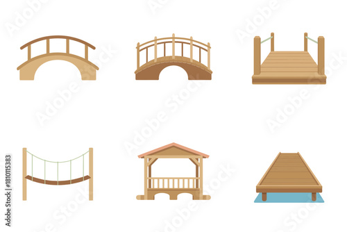 Wooden bridge icons, arched span, simple archway, dock pier platform, rope suspension, garden pavilion, lakeside walkway vector
