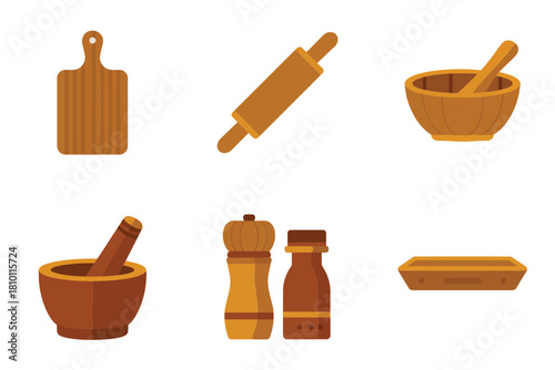 Culinary wooden tools pack, hanging chopping board, rolling pin, mortar and pestle, salt pepper shakers, rectangular tray vector