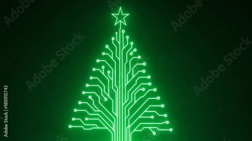 A glowing green Christmas tree design made from intricate circuit patterns, blending technology with holiday spirit.