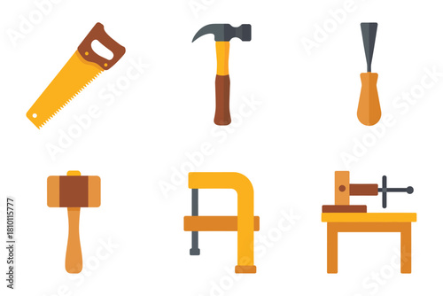 Workshop hardware set, fine saw, compact hammer, carving chisel, screw clamp, table vise, woodworking bench, maker vector