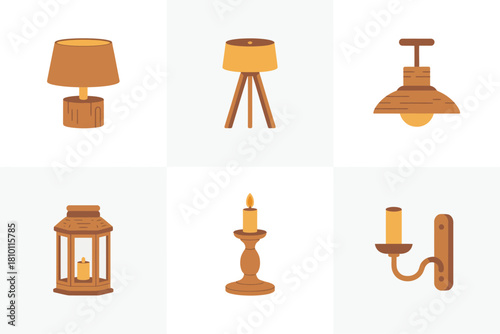 Home lighting grid, table lamp symbol, tripod stand lamp, pendant shade, lantern, candlestick, wall sconce, warm interior vector