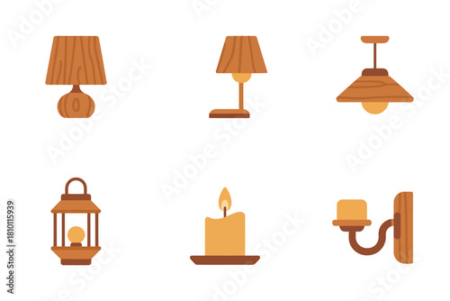 House lighting collection, bedside lamp, desk lamp, hanging pendant, lantern icon, burning candle, wall sconce fixture, vector illustration