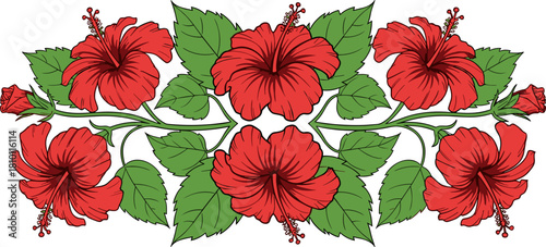 Vibrant hibiscus flower arrangement with red blooms and green leaves on a light green background