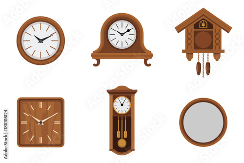Wooden clock collection, vintage wall clocks, cuckoo and pendulum styles, square timepiece, round mirror accent, rustic decor vector