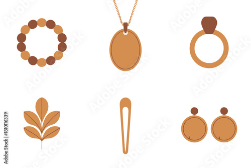 Elegant wooden accessories, beaded necklace, oval pendant charm, statement ring, leaf brooch, hair clip, drop earrings, vector