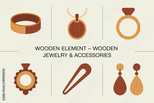 Wood jewelry accessories set, ring band, oval pendant, teardrop earring, hairpin, brooch badge, handcrafted natural fashion vector