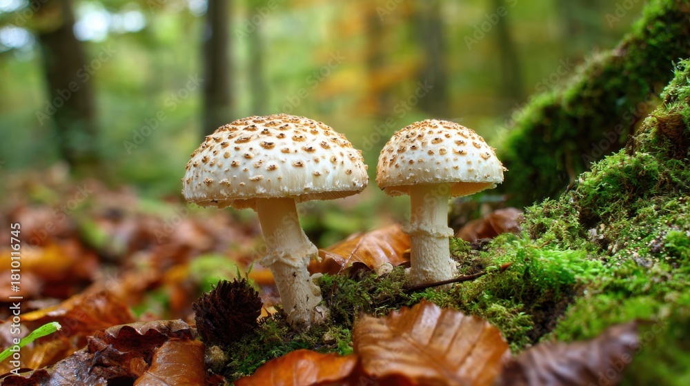 Fototapeta premium Beautiful mushrooms growing among colorful autumn leaves in a serene forest setting