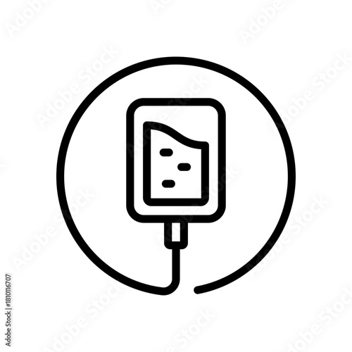Saline outline icon. IV drip bag with a tube. Vector illustration of an intravenous therapy, for healthcare apps, medical websites, and hospital-related visuals.