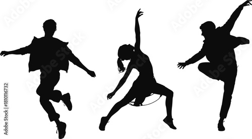 Dynamic silhouette dancers performing energetic contemporary movements, expressive jump poses, modern choreography, artistic motion scene, high-contrast black figure style, flat vector illustration