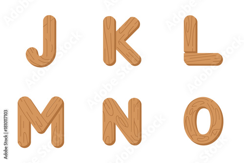 Striped grain wood letters J K L M N O, engraved texture alphabet, rustic craft typography, vector