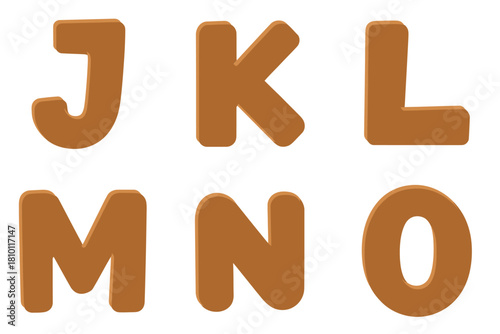 Bold wooden letters J K L M N O, rounded carved shapes, playful alphabet for kids, vector clipart