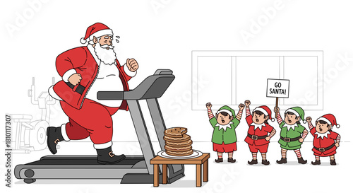 Santa Claus exercising on treadmill while elves cheer in festive decor  