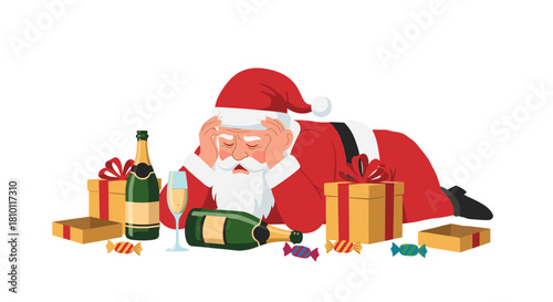 Santa Claus overwhelmed with gifts and champagne on white background  