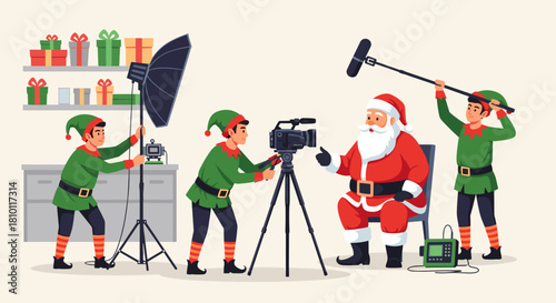 Elves filming Santa Claus with camera and lighting equipment in studio  