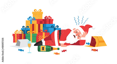 Santa Claus lying on the floor next to scattered gifts and champagne  