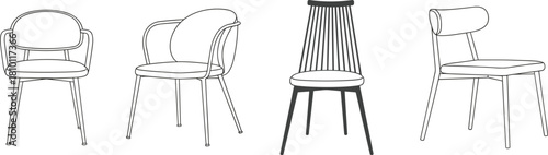 Modern minimalist dining chairs collection, clean line furniture set, contemporary interior decor seating, stylish outline chair designs, flat vector illustration