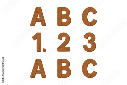 Large wooden letters A B C, numbers one two three, bold display digits, rustic signage design, vector collection