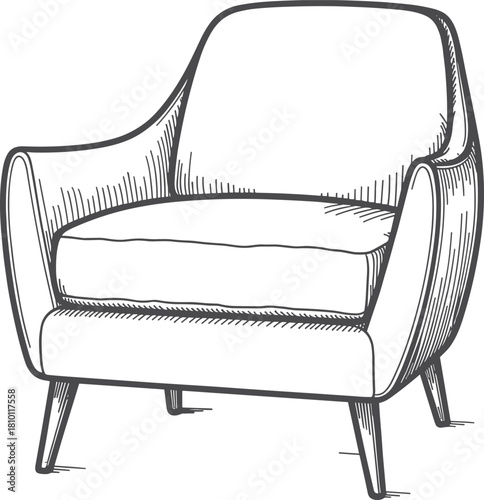 Modern upholstered armchair sketch, elegant furniture outline design, contemporary interior seating illustration, stylish home decor chair artwork, flat vector illustration