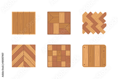 Parquet floor patterns collection, geometric wood tiles, chevron, weave, mosaic squares, rounded edges sample, interior design vector