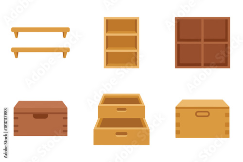 Shelving units and boxes, wall shelf, open bookcase, wooden drawers, storage chests, minimalist furniture set, vector