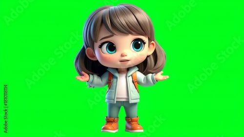 A cute cartoon girl with big blue eyes, brown hair, wearing a light jacket, jeans, and orange shoes, standing against a bright green background