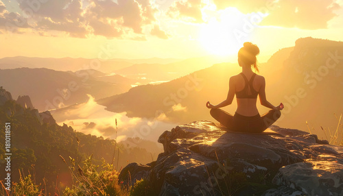 Fit woman doing yoga on cliff at sunrise, soft golden light, peaceful atmosphere, ultra-realistic photography