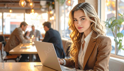 Modern businesswoman working on laptop in cozy cafe, warm ambient lighting, candid lifestyle photography