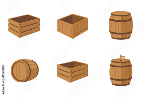 Round cask barrel icons, wooden box containers, cooper keg shapes, square crate bins, rustic packaging vector collection