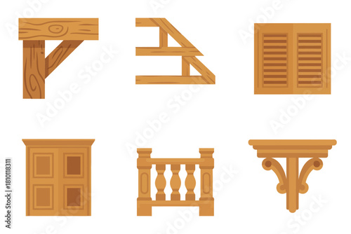 Timber millwork elements bundle, knee brace support, roof rafter ladder, shutter pair, paneled door, baluster group, ornate corbel
