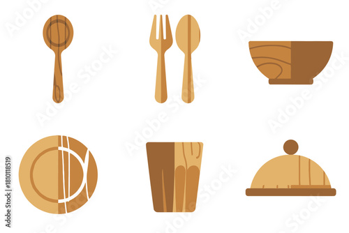 Minimal wooden dining essentials, spoon fork pair, circular plate with segment, tumbler cup, covered dish cloche, warm vector